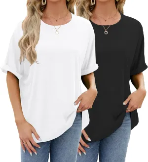 2 Pack Women's Oversized T Shirts 100% Cotton Short Sleeve Crewneck Summer Tops Casual Loose Basic Tee Shirts