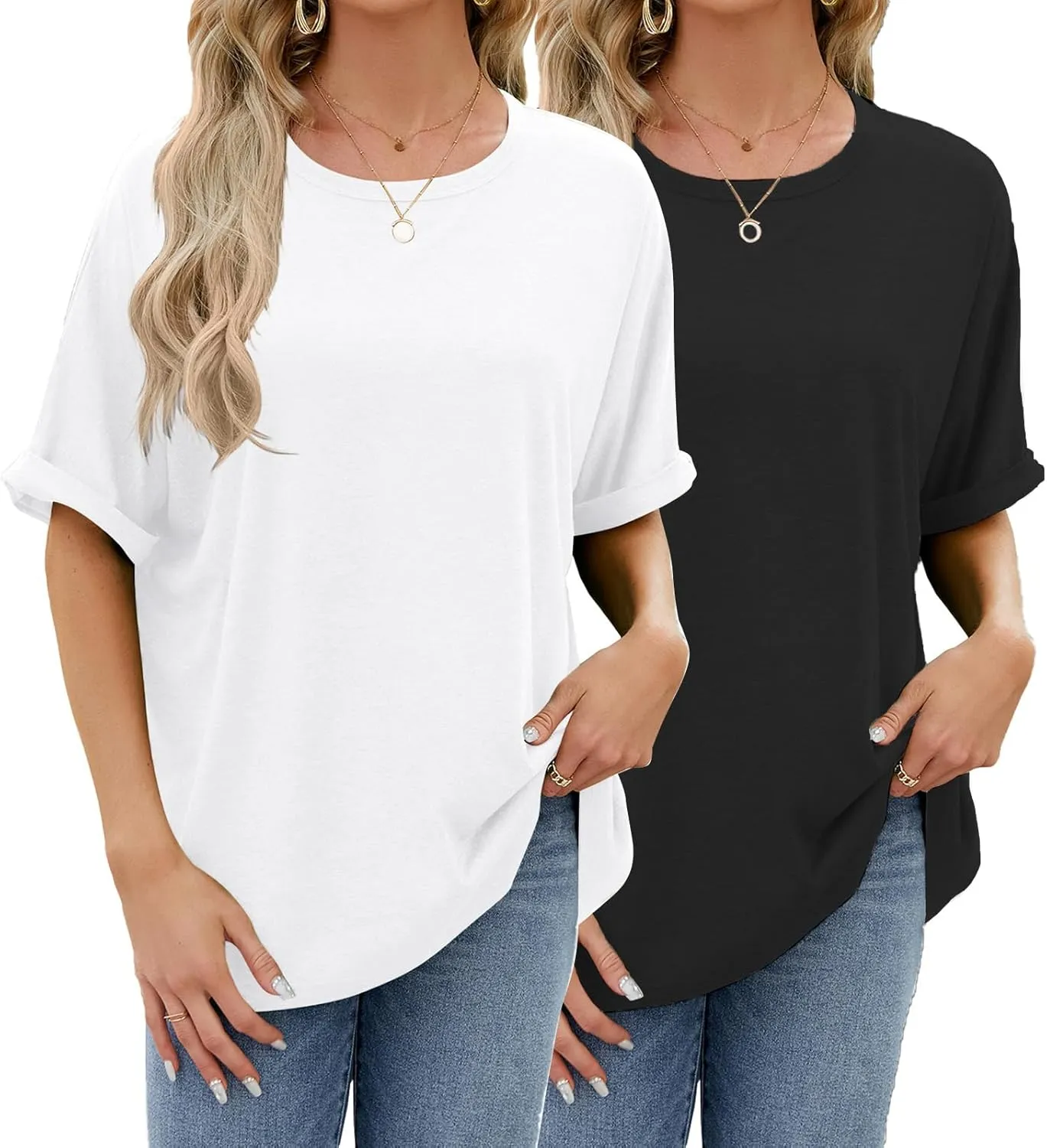 2 Pack Women's Oversized T Shirts 100% Cotton Short Sleeve Crewneck Summer Tops Casual Loose Basic Tee Shirts