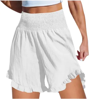 2024 Women's Tummy Control Yoga Shorts Summer Elastic Ruffled High Waist Running Pants Quick Dry Leisure Boho Shorts