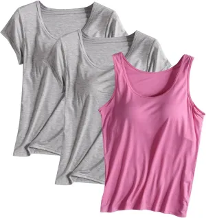 3PCS T-Shirt with Built-in Bra Women Workout Yoga Tops Short Sleeve Padded Bras Soft Pajama Tops Athletic Shirts