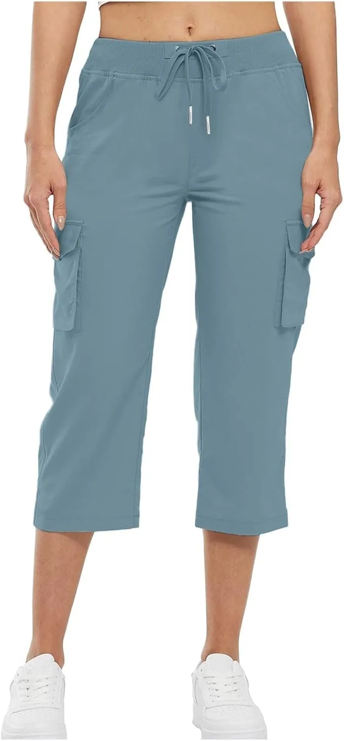 ADHOWBEW Capri Pants for Women Cargo Straight Lightweight Casual Hiking Outdoor Trip Comfy Fit Cropped Pants