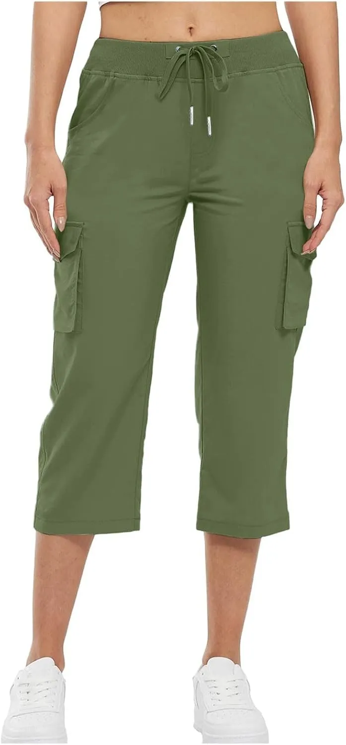 ADHOWBEW Capri Pants for Women Cargo Straight Lightweight Casual Hiking Outdoor Trip Comfy Fit Cropped Pants