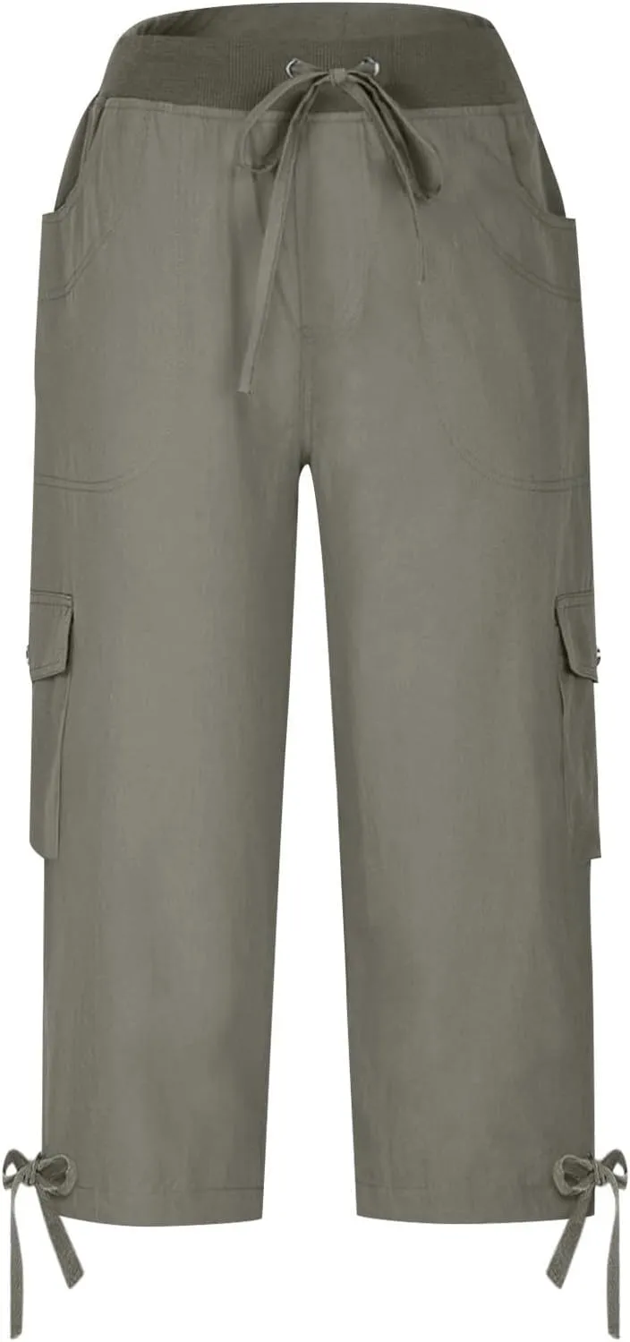 ADHOWBEW Capri Pants for Women Cargo Straight Lightweight Casual Hiking Outdoor Trip Comfy Fit Cropped Pants