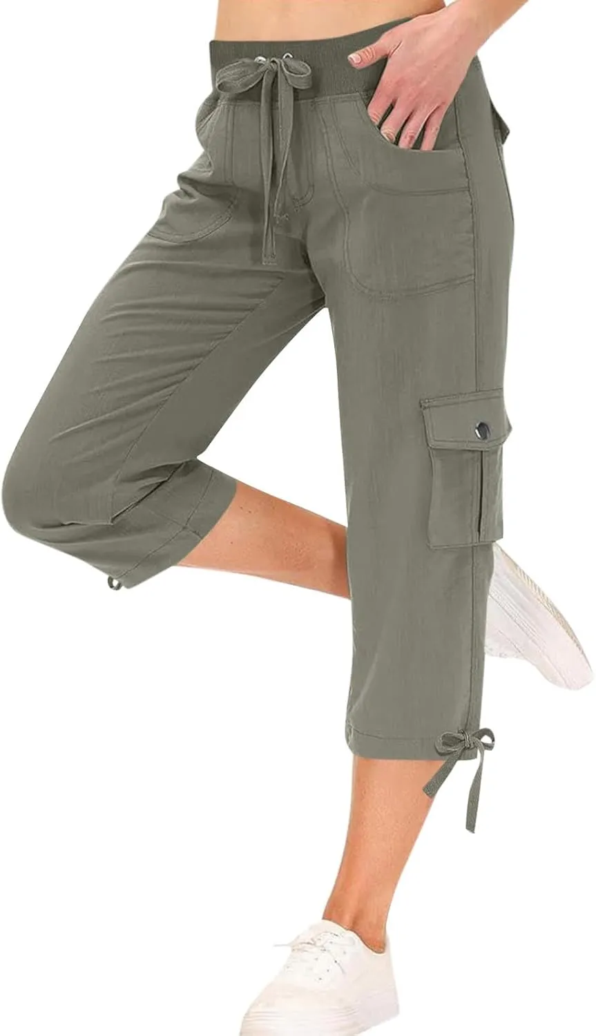 ADHOWBEW Capri Pants for Women Cargo Straight Lightweight Casual Hiking Outdoor Trip Comfy Fit Cropped Pants