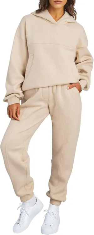 Aleumdr 2 Piece Outfits for Women Matching Sweat Set Sweatsuit Hoodie Sweatshirts and Sweatpants Tracksuits Joggers Sweat Sets 2024 Fall Comfy Clothes Travel Lounge Sets Beige XX-Large