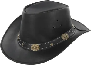 Armory Replicas Cowhide Leather Hat Buffalo Nickel Crushable Outback Cowpuncher Hat Handmade with Western Style Wide Brim