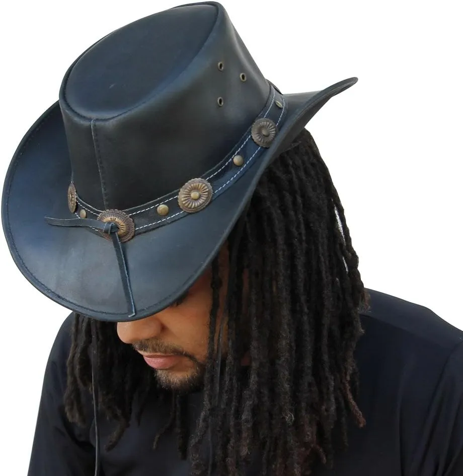 Armory Replicas Cowhide Leather Hat Buffalo Nickel Crushable Outback Cowpuncher Hat Handmade with Western Style Wide Brim