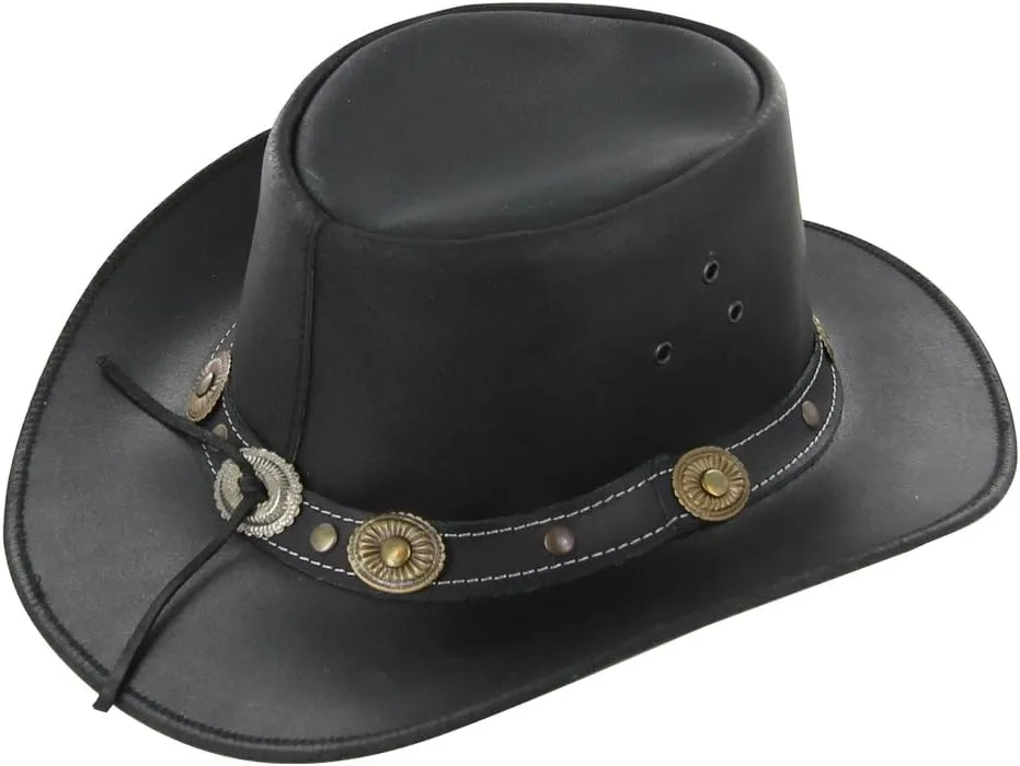 Armory Replicas Cowhide Leather Hat Buffalo Nickel Crushable Outback Cowpuncher Hat Handmade with Western Style Wide Brim
