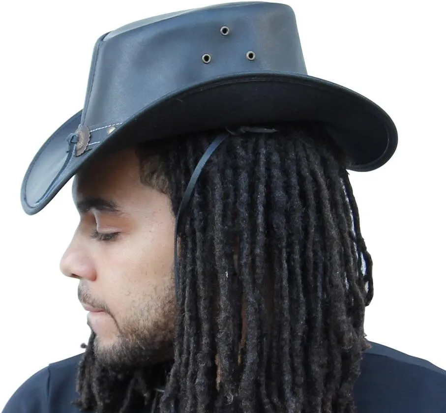 Armory Replicas Cowhide Leather Hat Buffalo Nickel Crushable Outback Cowpuncher Hat Handmade with Western Style Wide Brim