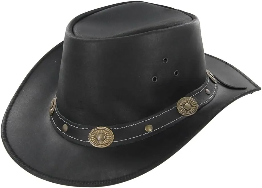 Armory Replicas Cowhide Leather Hat Buffalo Nickel Crushable Outback Cowpuncher Hat Handmade with Western Style Wide Brim
