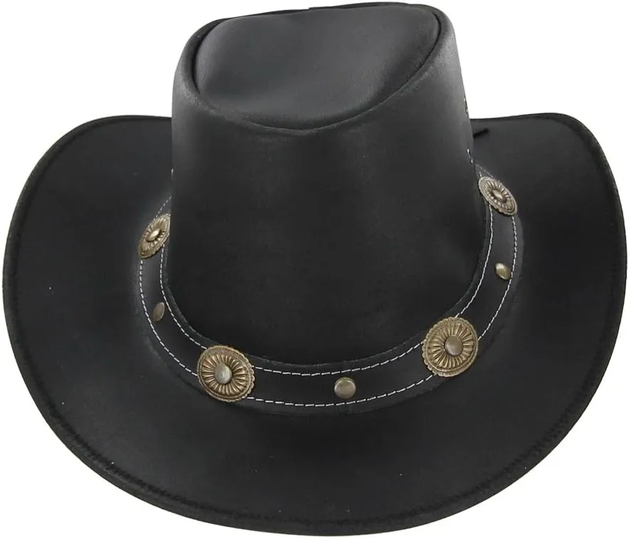 Armory Replicas Cowhide Leather Hat Buffalo Nickel Crushable Outback Cowpuncher Hat Handmade with Western Style Wide Brim
