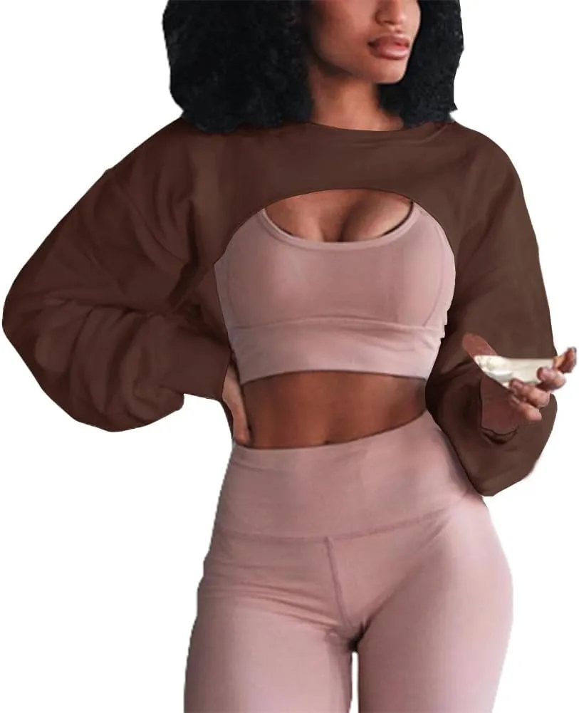 Artfish Women's Crewneck Long Sleeve Crop Tops Workout Gym Casual Cut-out Loose Cropped Sweatshirts