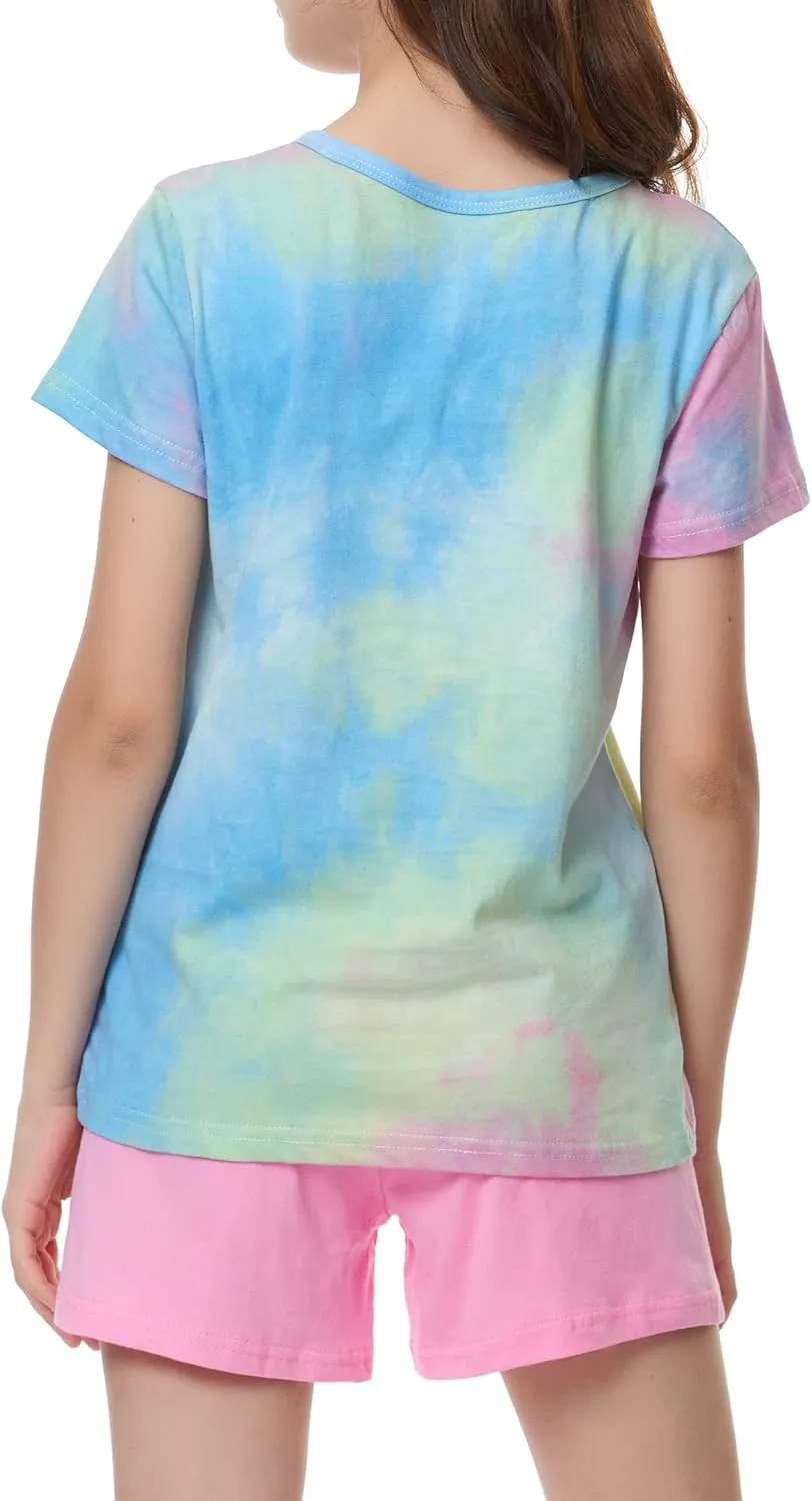 Beezizac Tie Dye Pajamas for Girls - 100% Cotton Glitter Butterfly Cat Summer Short Sleeve PJ Set Tween Clothes Size 4T - 18