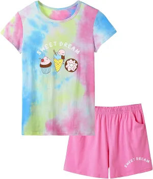 Beezizac Tie Dye Pajamas for Girls - 100% Cotton Glitter Butterfly Cat Summer Short Sleeve PJ Set Tween Clothes Size 4T - 18