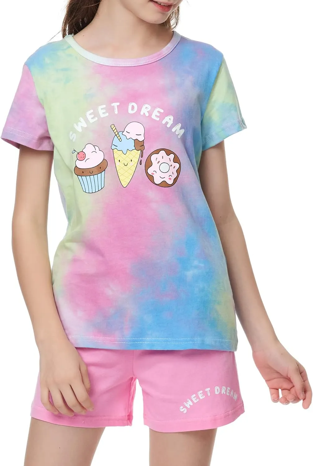 Beezizac Tie Dye Pajamas for Girls - 100% Cotton Glitter Butterfly Cat Summer Short Sleeve PJ Set Tween Clothes Size 4T - 18