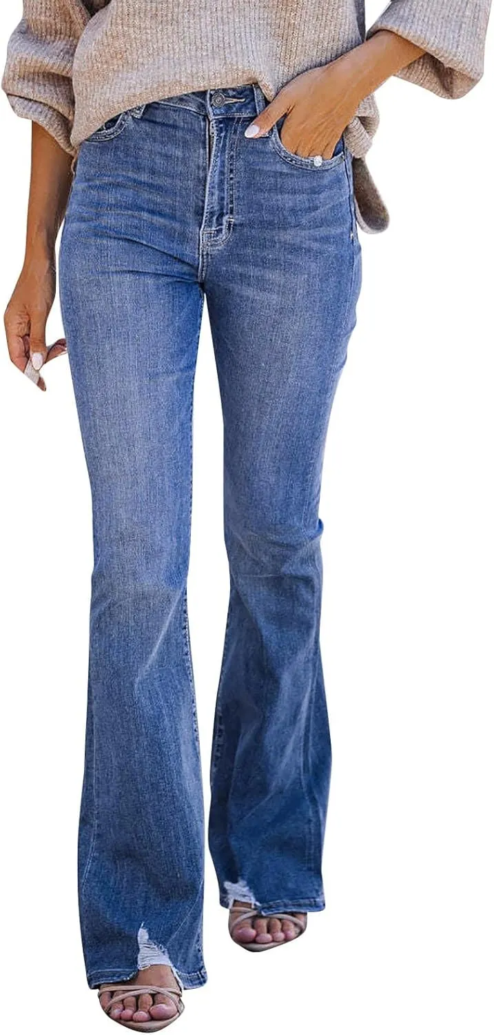Bell Bottom Jeans for Women High Waisted Trendy Ripped Hem Stretch Casual Denim Wide Leg Bootcut Mom Pants Flare Jean