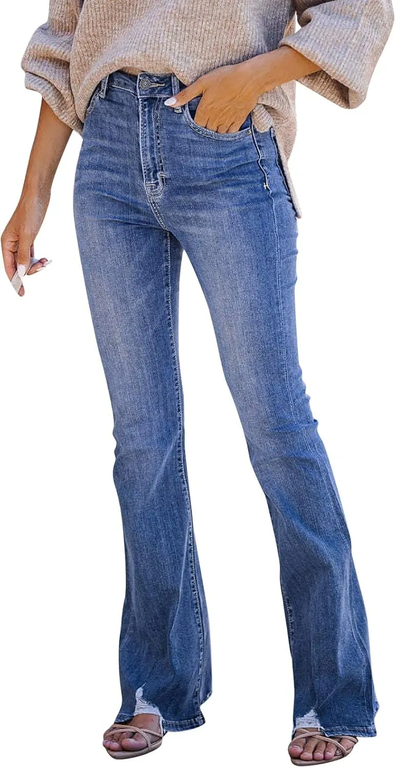 Bell Bottom Jeans for Women High Waisted Trendy Ripped Hem Stretch Casual Denim Wide Leg Bootcut Mom Pants Flare Jean