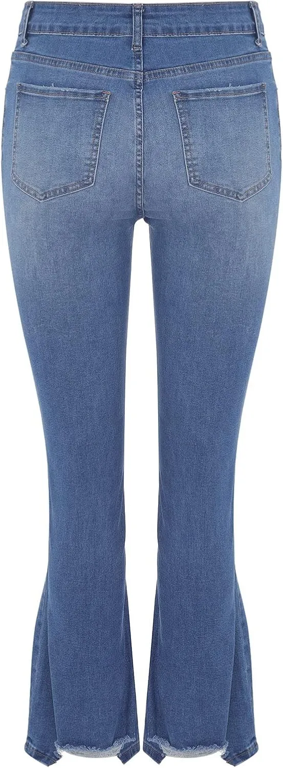Bell Bottom Jeans for Women High Waisted Trendy Ripped Hem Stretch Casual Denim Wide Leg Bootcut Mom Pants Flare Jean