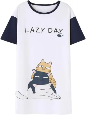 Big Girls' Short Sleeve Nightgown Lovely Cats Lazy Day Printed Sleep Dress PJS