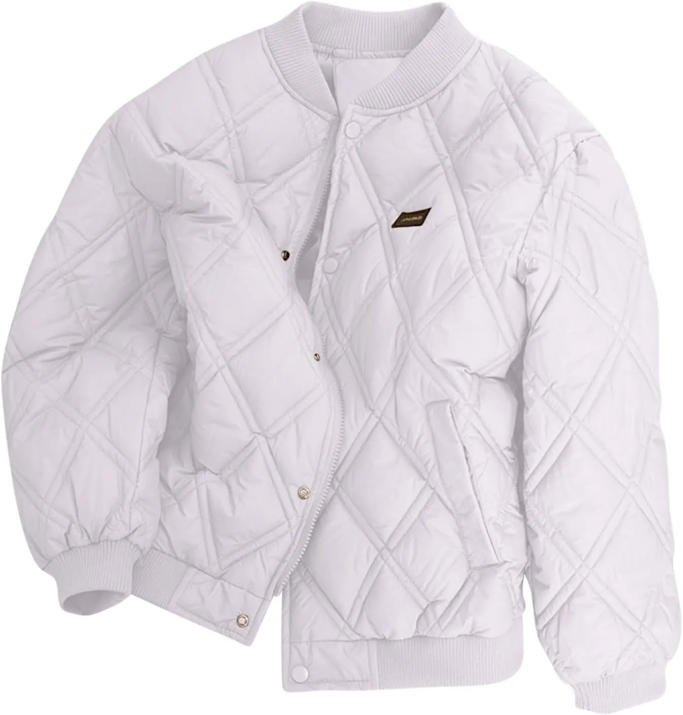 Bomber Jacket for Women Diamond Button Down Zip Up Puffer Coat Long Sleeve Stand Collar Quilted Lightweight Down Jackets