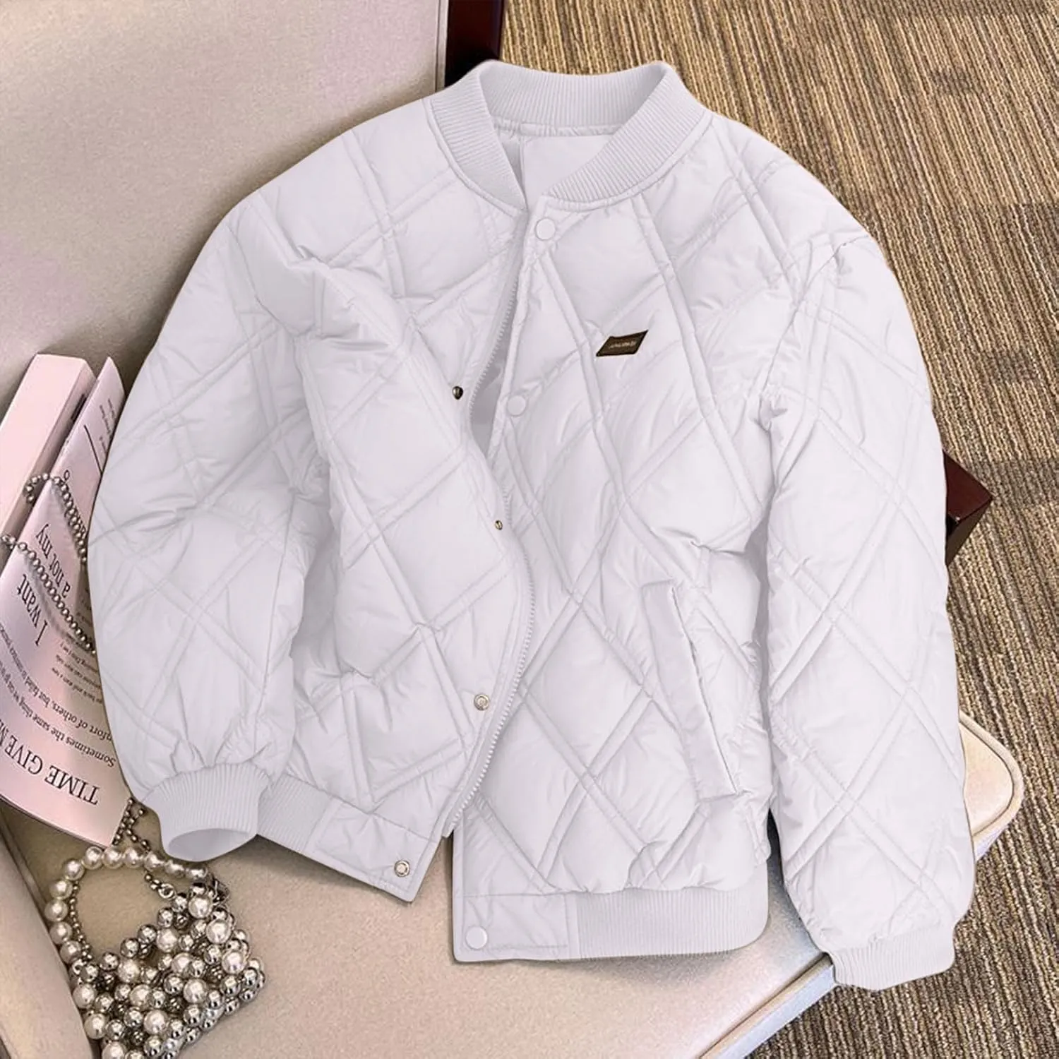 Bomber Jacket for Women Diamond Button Down Zip Up Puffer Coat Long Sleeve Stand Collar Quilted Lightweight Down Jackets