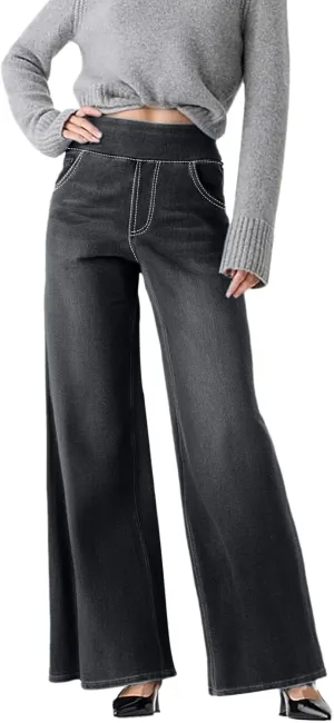 Boyfriend Sweatpants Jeans for Women High Waisted Denim Pants Stretchy Pull On Wide Leg Casual Pant with Pockets