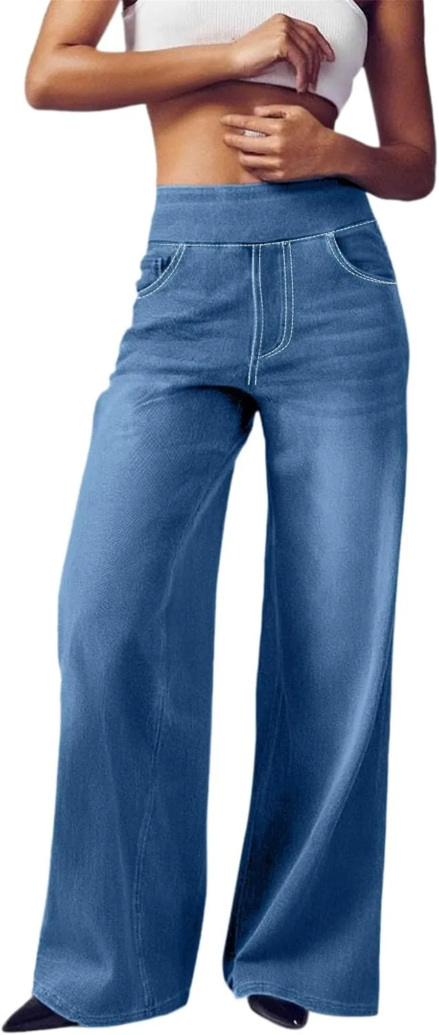 Boyfriend Sweatpants Jeans for Women High Waisted Denim Pants Stretchy Pull On Wide Leg Casual Pant with Pockets