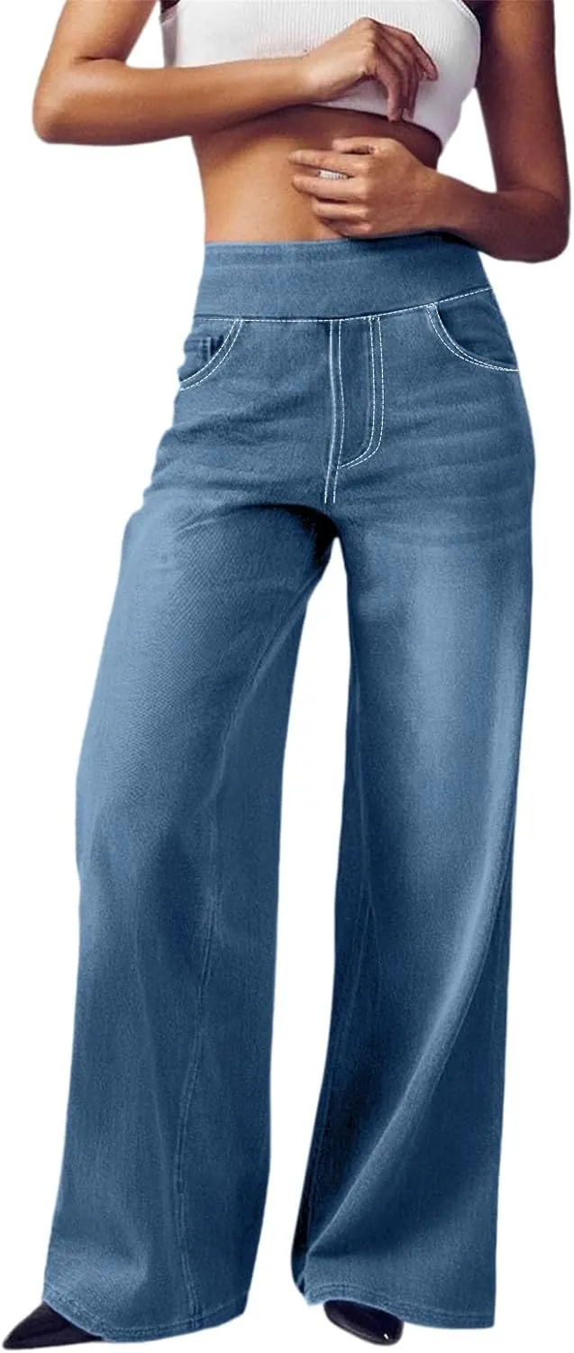 Boyfriend Sweatpants Jeans for Women High Waisted Denim Pants Stretchy Pull On Wide Leg Casual Pant with Pockets