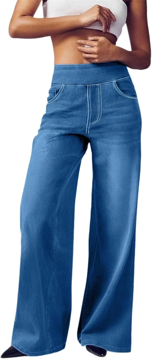 Boyfriend Sweatpants Jeans for Women High Waisted Denim Pants Stretchy Pull On Wide Leg Casual Pant with Pockets