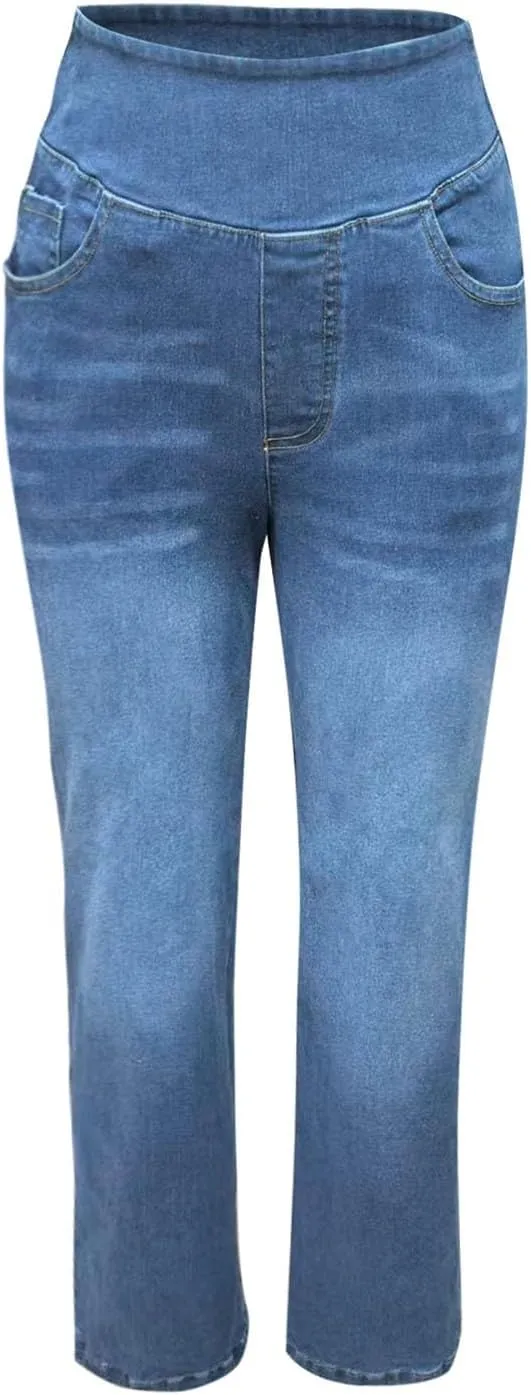 Boyfriend Sweatpants Jeans for Women High Waisted Denim Pants Stretchy Pull On Wide Leg Casual Pant with Pockets