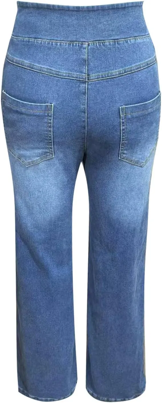 Boyfriend Sweatpants Jeans for Women High Waisted Denim Pants Stretchy Pull On Wide Leg Casual Pant with Pockets