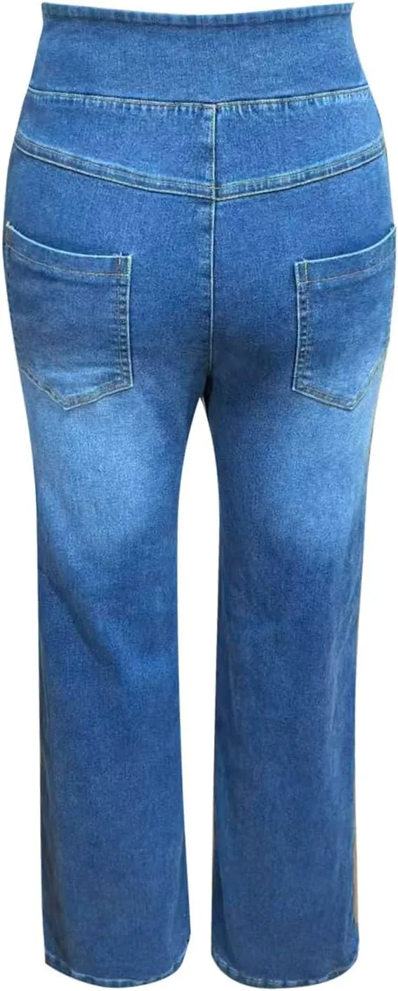 Boyfriend Sweatpants Jeans for Women High Waisted Denim Pants Stretchy Pull On Wide Leg Casual Pant with Pockets