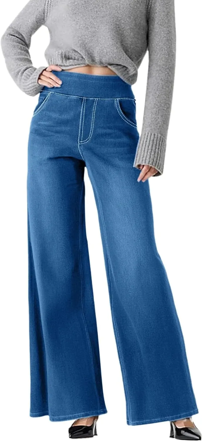 Boyfriend Sweatpants Jeans for Women High Waisted Denim Pants Stretchy Pull On Wide Leg Casual Pant with Pockets