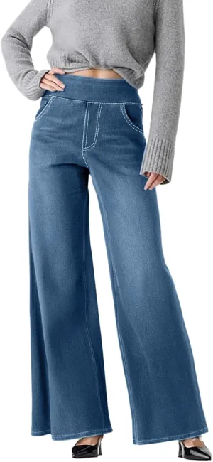 Boyfriend Sweatpants Jeans for Women High Waisted Denim Pants Stretchy Pull On Wide Leg Casual Pant with Pockets