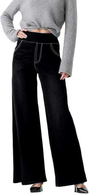 Boyfriend Sweatpants Jeans for Women High Waisted Denim Pants Stretchy Pull On Wide Leg Casual Pant with Pockets