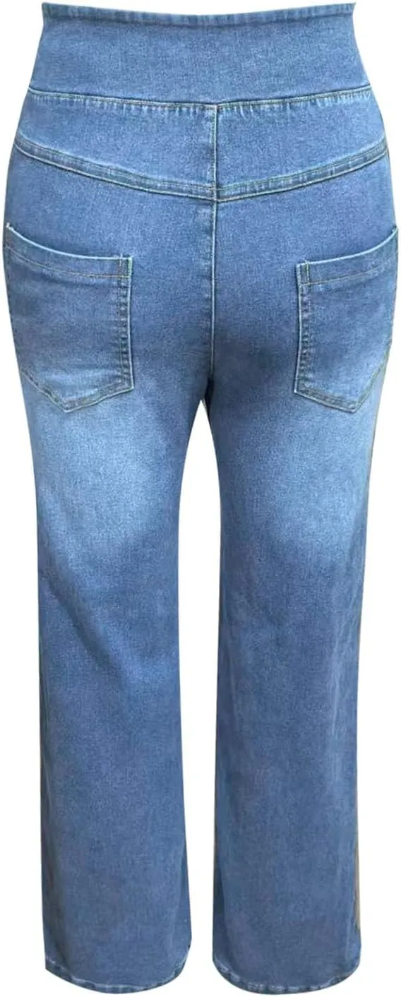 Boyfriend Sweatpants Jeans for Women High Waisted Denim Pants Stretchy Pull On Wide Leg Casual Pant with Pockets