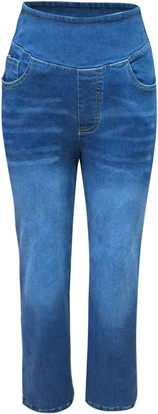 Boyfriend Sweatpants Jeans for Women High Waisted Denim Pants Stretchy Pull On Wide Leg Casual Pant with Pockets