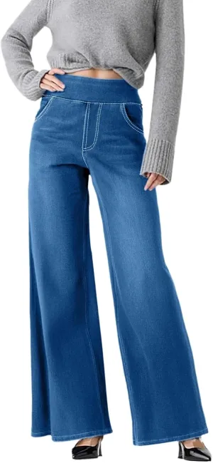 Boyfriend Sweatpants Jeans for Women High Waisted Denim Pants Stretchy Pull On Wide Leg Casual Pant with Pockets