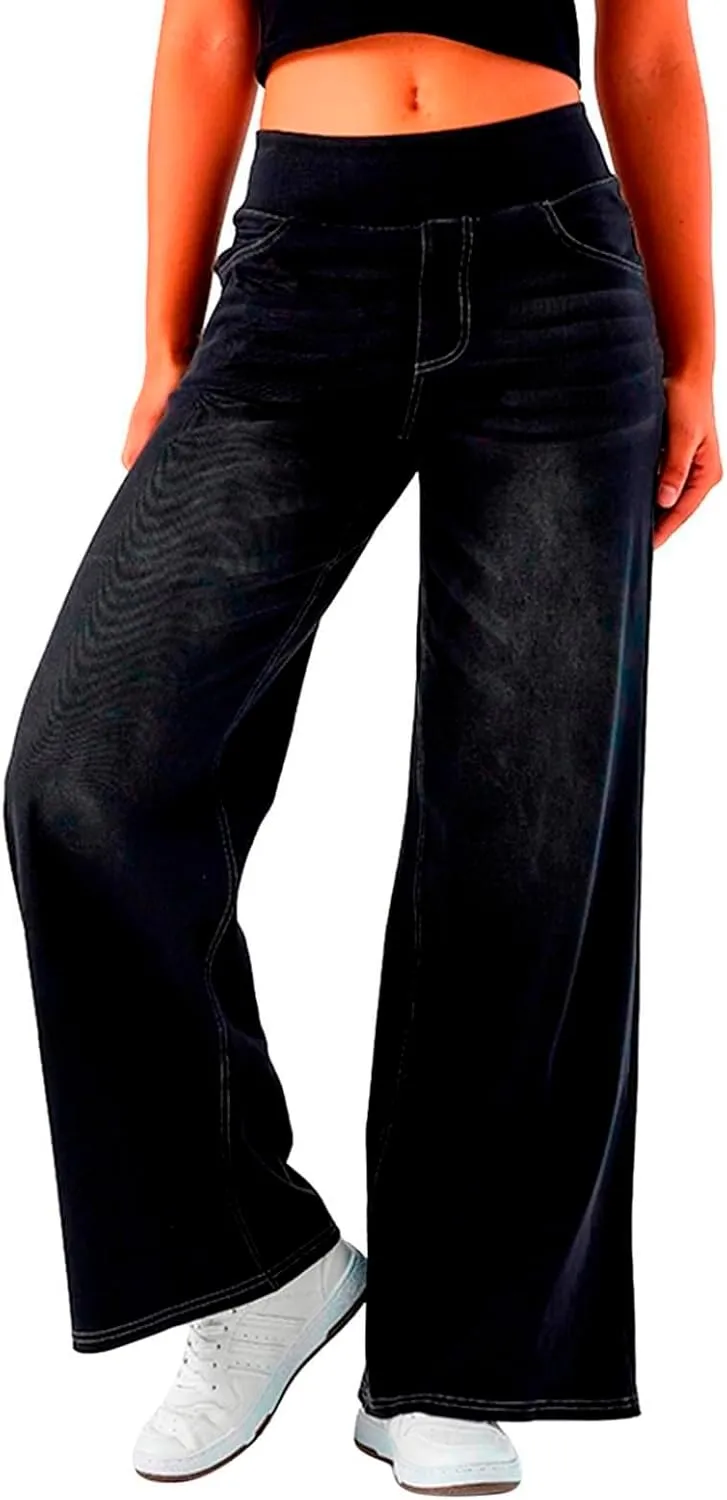Boyfriend Sweatpants Jeans for Women High Waisted Denim Pants Stretchy Pull On Wide Leg Casual Pant with Pockets