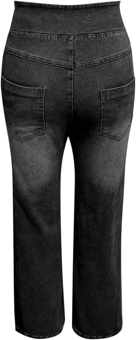 Boyfriend Sweatpants Jeans for Women High Waisted Denim Pants Stretchy Pull On Wide Leg Casual Pant with Pockets
