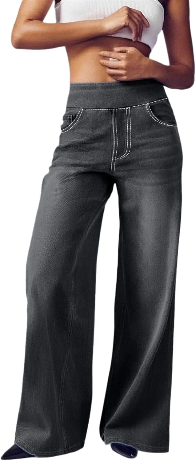 Boyfriend Sweatpants Jeans for Women High Waisted Denim Pants Stretchy Pull On Wide Leg Casual Pant with Pockets