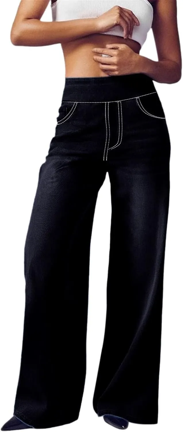 Boyfriend Sweatpants Jeans for Women High Waisted Denim Pants Stretchy Pull On Wide Leg Casual Pant with Pockets