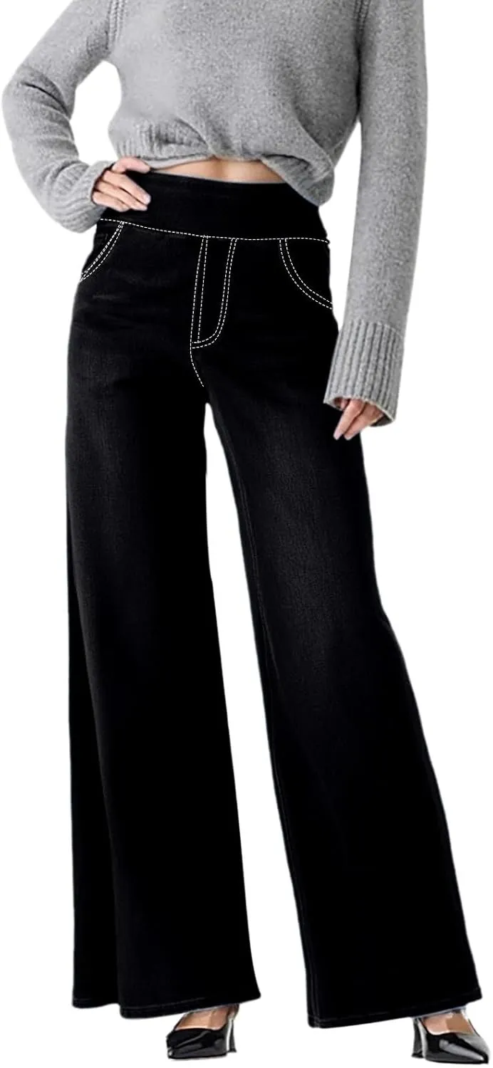 Boyfriend Sweatpants Jeans for Women High Waisted Denim Pants Stretchy Pull On Wide Leg Casual Pant with Pockets