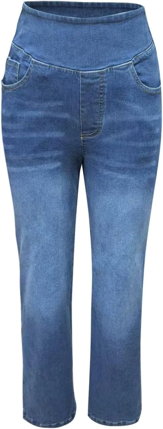Boyfriend Sweatpants Jeans for Women High Waisted Denim Pants Stretchy Pull On Wide Leg Casual Pant with Pockets