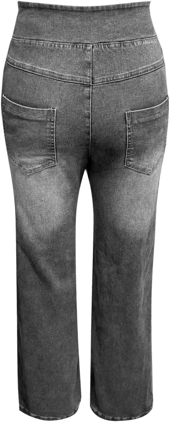 Boyfriend Sweatpants Jeans for Women High Waisted Denim Pants Stretchy Pull On Wide Leg Casual Pant with Pockets