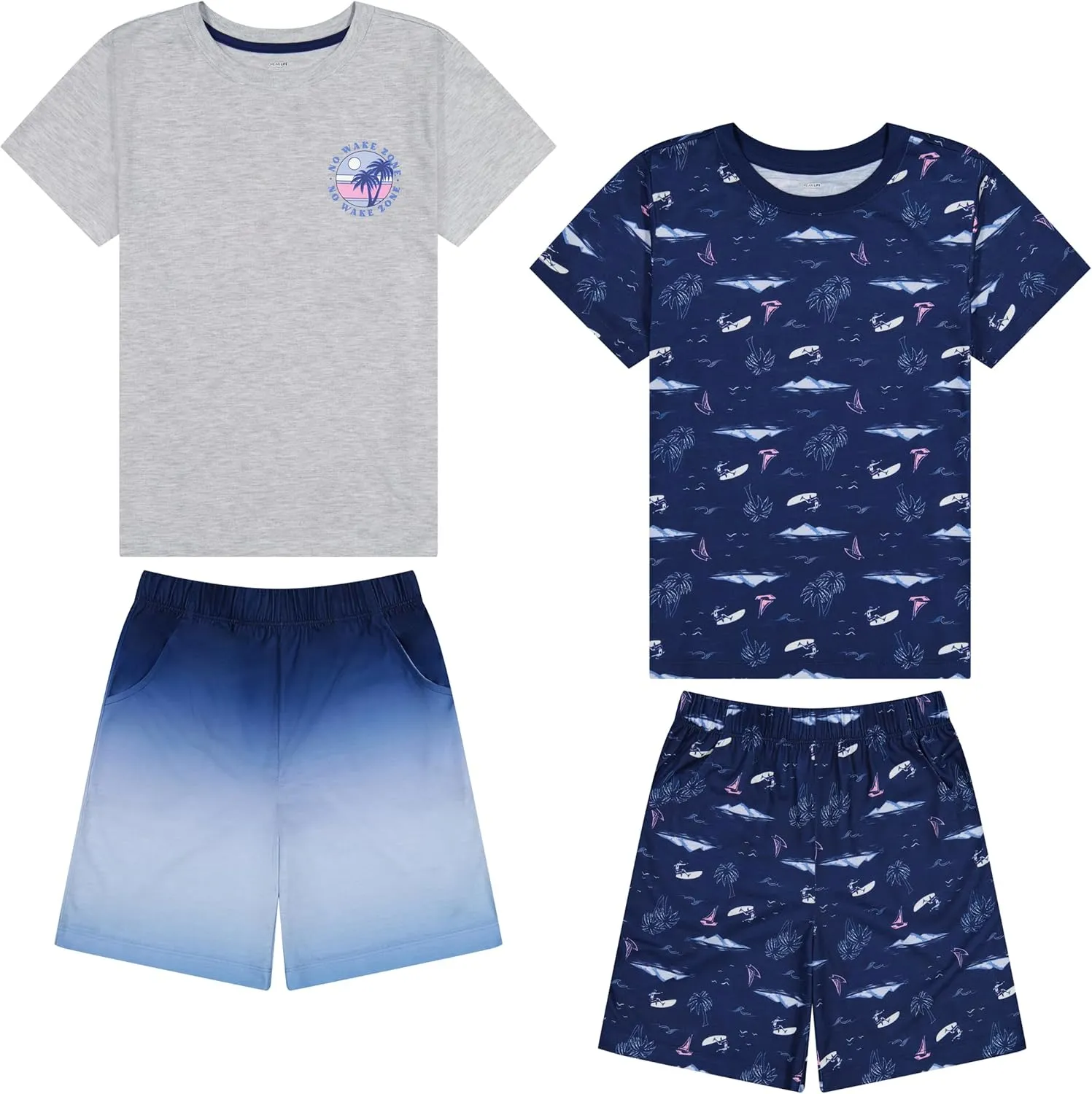 Boys Pajamas Set- 4-Piece Summer PJs Short Sleeve Tee & Shorts, Boys’ Sleepwear, Teens Kids Pajama Sizes 5-20