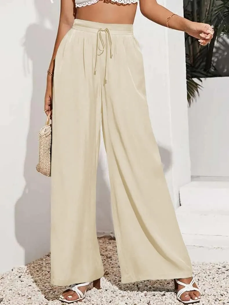 Business Pants Women, High Waist Wide Leg Work Pants, Casual Flowy Tie Adjustable Knot Palazzo Trousers with Pockets