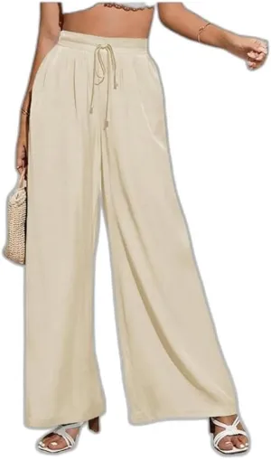 Business Pants Women, High Waist Wide Leg Work Pants, Casual Flowy Tie Adjustable Knot Palazzo Trousers with Pockets
