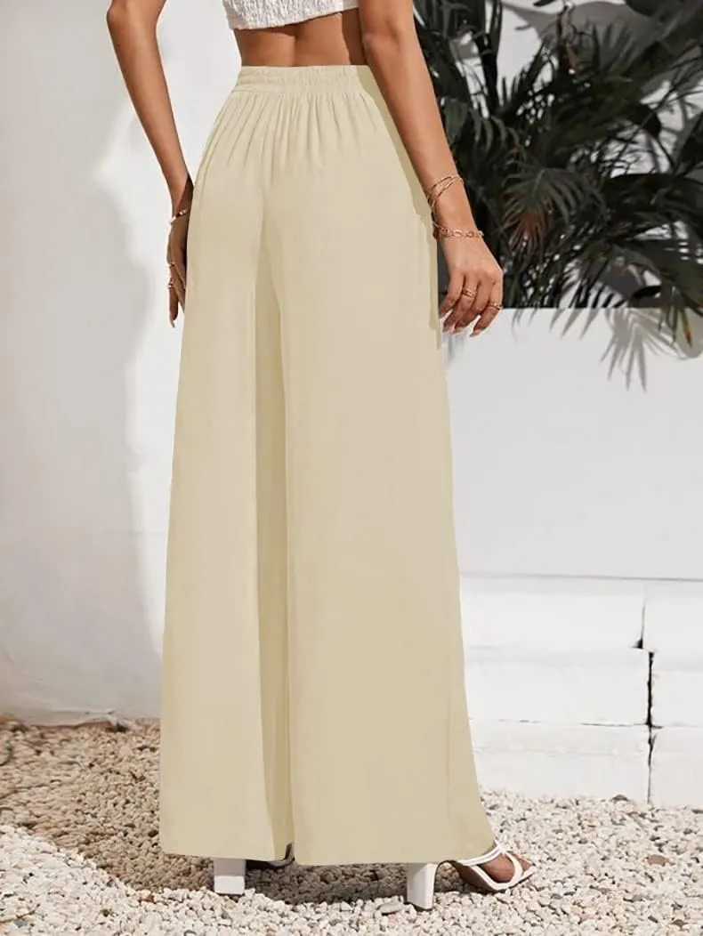 Business Pants Women, High Waist Wide Leg Work Pants, Casual Flowy Tie Adjustable Knot Palazzo Trousers with Pockets