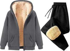 Canbebig 2 Piece Outfits Women Sherpa Fleece Lined Sweatsuits Zip Up Hoodie and Sweatpants Sets Matching Sets Warm Sets